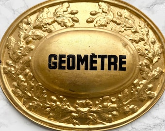 Antique rare French embossed metal sign plaque minister office decorative ovale official geometre surveyor French brocante