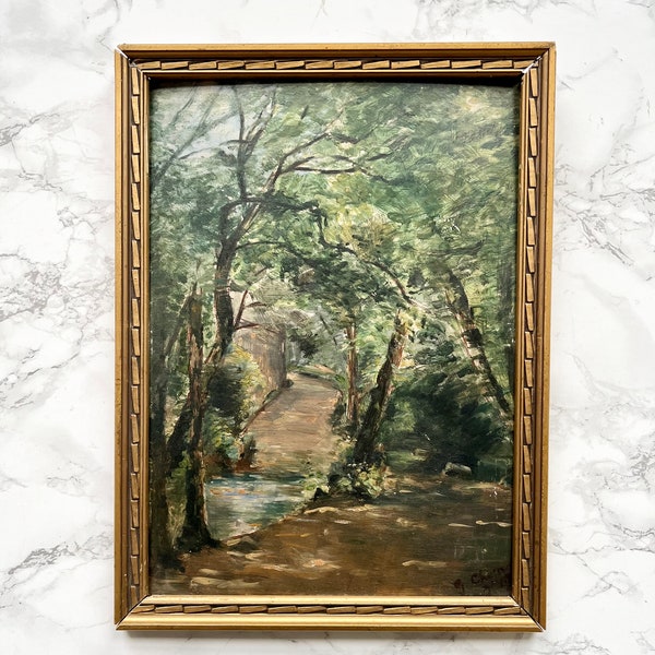 Original hand painted art oil on cardboard forrest trees green framed French artist signed wall hanging artwork unique piece