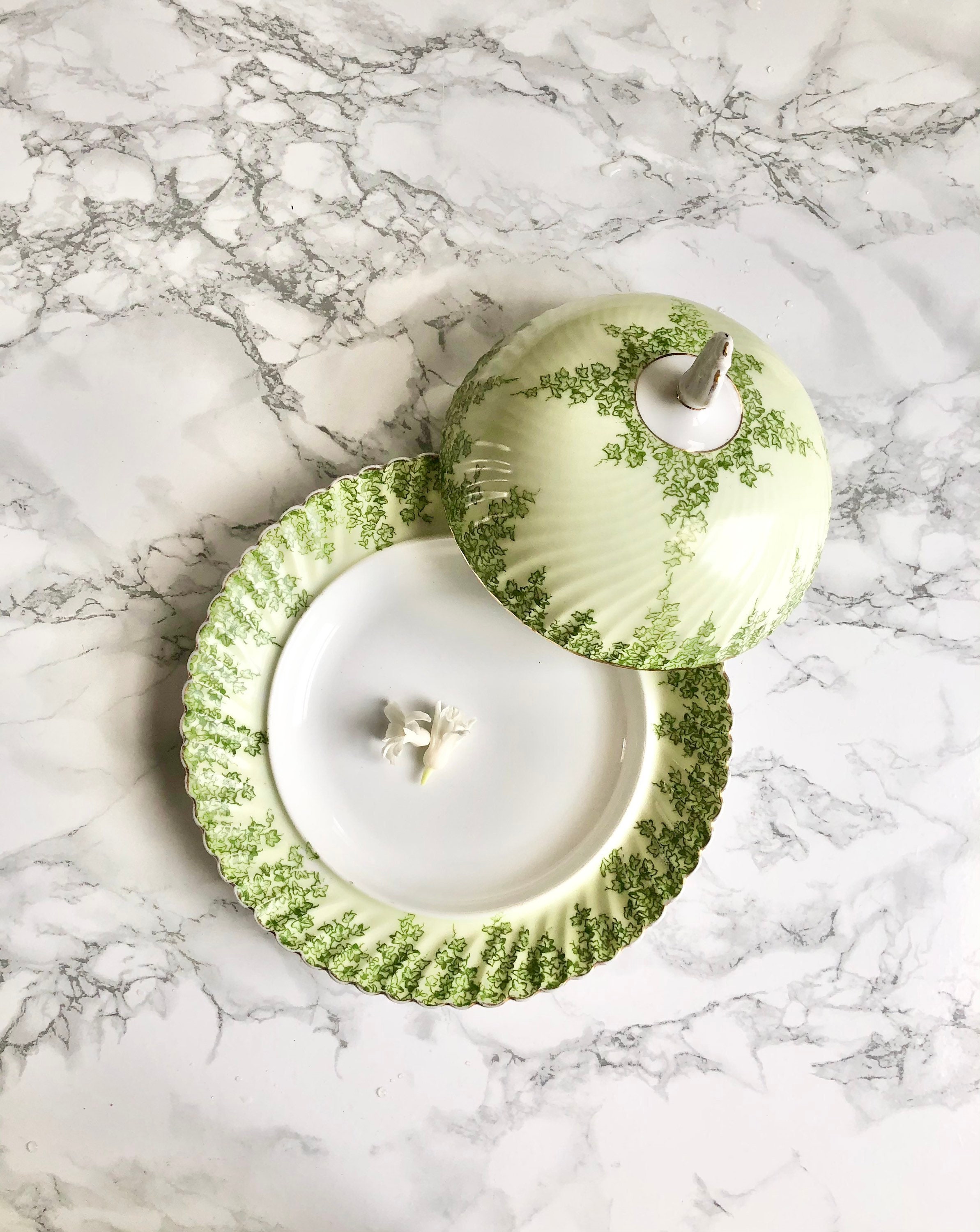 Joli Plat Anglais Ancien Dit Plat à Muffin en Porcelaine Décor Imprimé de Feuilles Vertes et d'or