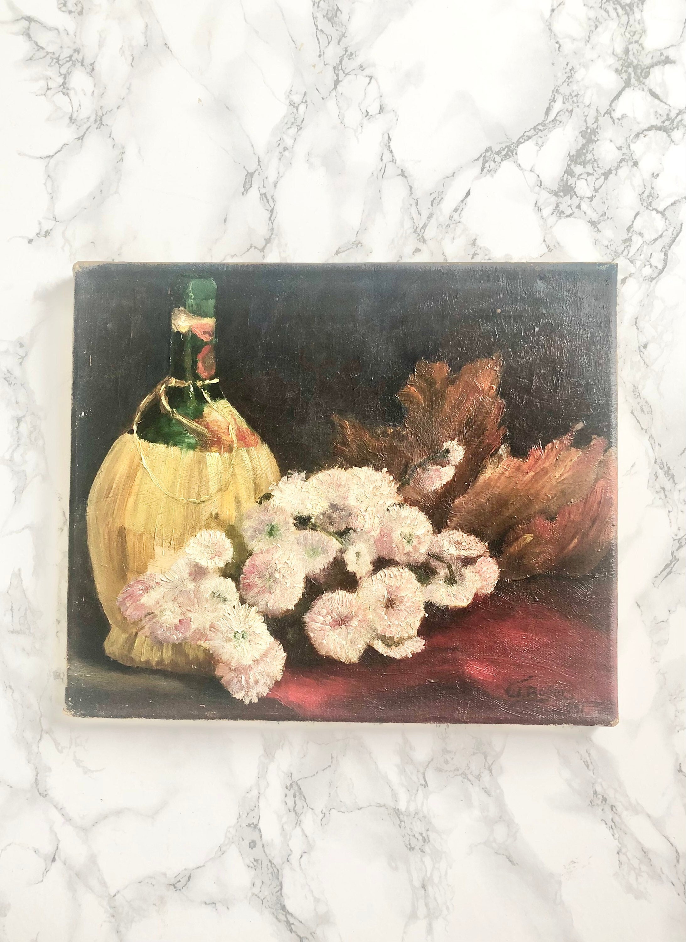 Jolie Huile sur Toile Rectangulaire Représentant Une Nature Morte avec Bouteille et Des Fleurs en Bo