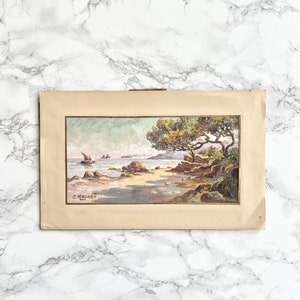 Gouache de pintura orientalista antigua sobre cartón marino junto al mar - Firmado abajo a la izquierda - Pintura francesa original