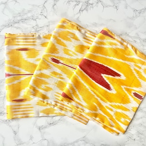 3 Handcrafted Ikat Pattern Silk Cushion Covers - Red, Yellow and White