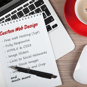 May include: A notebook with a list of services offered for custom web design. The list includes free web hosting, responsive design, HTML5 and CSS3, image sliders, links to social networks, free stock images, image scaling and cropping, and more.