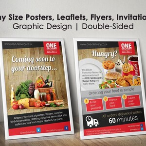 May include: Two posters advertising a delivery service. The left poster features a wood background with a variety of groceries and the text "Coming soon to your doorstep..." The right poster features a red background with a burger, fries, and a Coca-Cola can and the text "Hungry? Ordering your food is simple. All orders delivered within 60 minutes."