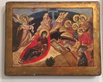 Religious icons,byzantine icons,orthodox,nativity icon,greek handpainted icon,vintage religious icon, the birth of Jesus,the birth of Christ
