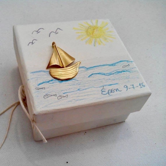 15 Baptism favor, orthodox baptism, greek baptism, raw bronze boat on a hand-drawn white box, sugared almonds inside,no two favors are alike