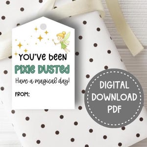 May include: A white gift tag with the text "YOU've been PIXIE DUSTED Have a magical day!" and a fairy illustration. The tag is on a gift wrapped in white paper with brown polka dots and a cream ribbon.