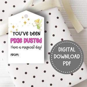 Puede incluir: Una etiqueta de regalo con el texto "YOU'VE been Pixie Dusted, Have a magical day!" y una ilustración de hada. La etiqueta está en un regalo envuelto en papel blanco con lunares marrones y una cinta crema.