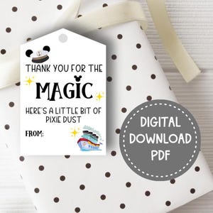 May include: A gift tag with the text "Thank you for the Magic" and "Here's a little bit of pixie dust". The tag features a Mickey Mouse-themed design and a cruise ship illustration. The gift is wrapped in white paper with brown polka dots.
