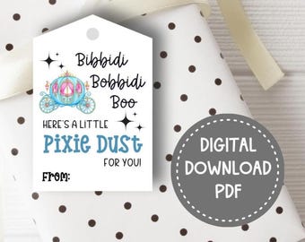 Peut inclure: Une étiquette cadeau rectangulaire blanche avec une illustration de carrosse bleu et rose, le texte noir Bibbidi Bobbidi Boo, Here's a little Pixie Dust for you!, et From:, avec des étoiles noires et un trou de perforation en haut.
