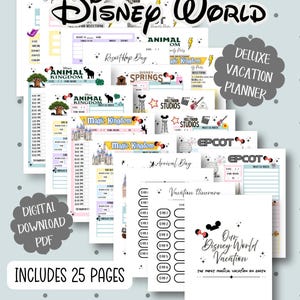 Könnte beinhalten: Ein digitaler Download PDF Disney World Urlaubsplaner mit 25 Seiten. Der Planer enthält Abschnitte für Animal Kingdom, Magic Kingdom, Epcot und Hollywood Studios. Der Planer hat einen hellblauen Hintergrund mit schwarzen und roten Akzenten.