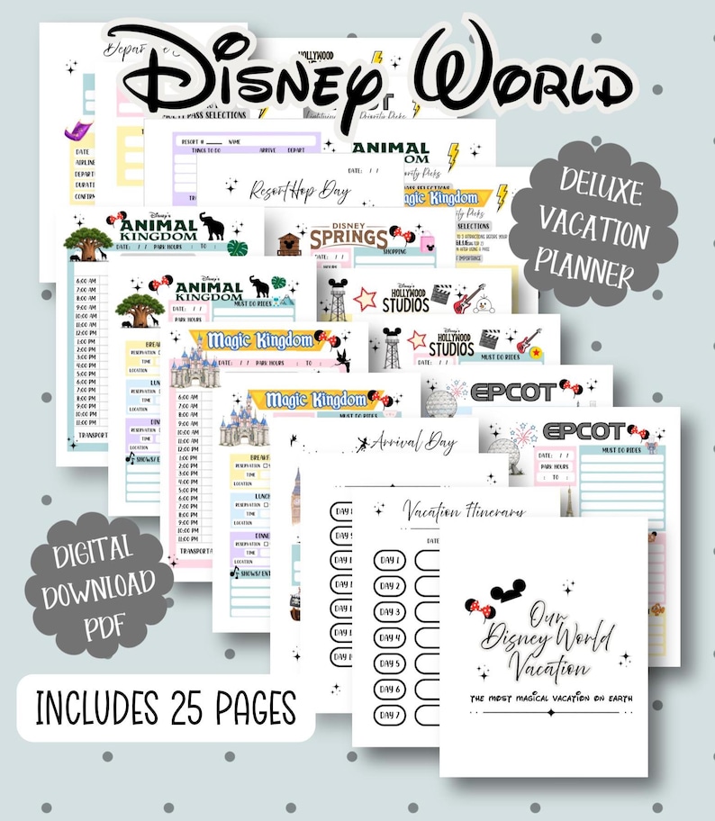 May include: A digital download PDF Disney World vacation planner with 25 pages. The planner includes sections for Animal Kingdom, Magic Kingdom, Epcot, and Hollywood Studios. The planner has a light blue background with black and red accents.