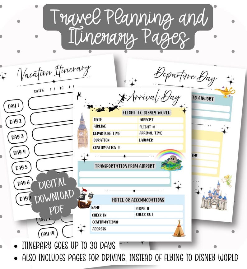 May include: A set of printable travel planning and itinerary pages. The pages include sections for vacation itineraries, departure and arrival days, and transportation details. The design features whimsical illustrations and the text "Travel Planning and Itinerary Pages."