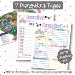 May include: Two Disneyland-themed printable pages. One page is a daily schedule with time slots. The other page is a planner with sections for park hours, must-do rides, breakfast, lunch, dinner, snacks, and shows. The text "Digital Download PDF" is also visible.