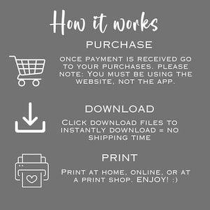 May include: A gray graphic with white text and icons explaining the purchase, download, and print process. The text reads "How it works" and includes a shopping cart, a download icon, and a printer icon.