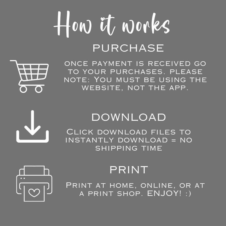 May include: A gray graphic with white text and icons explaining the purchase, download, and print process. The text reads "How it works" and includes a shopping cart, a download icon, and a printer icon.
