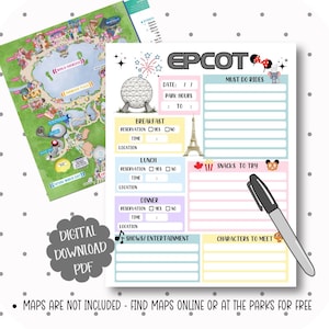 May include: A printable EPCOT park itinerary planner with colorful sections for breakfast, lunch, and dinner reservations, plus spaces for park hours and must-do rides. Includes a map of EPCOT and a black marker. Text: DIGITAL DOWNLOAD PDF.