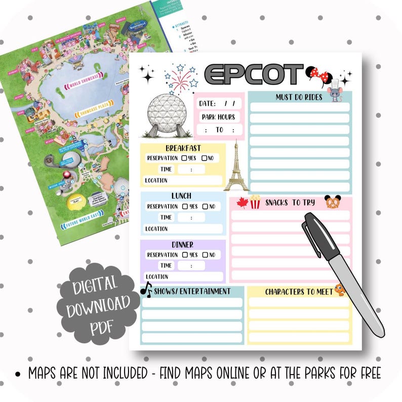May include: A printable EPCOT park itinerary planner with colorful sections for breakfast, lunch, and dinner reservations, plus spaces for park hours and must-do rides. Includes a map of EPCOT and a black marker. Text: DIGITAL DOWNLOAD PDF.