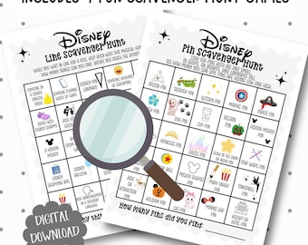 Juego imprimible de búsqueda del tesoro de Disney para parques temáticos, descarga digital, entretenimiento infantil, guía de vacaciones, juego divertido.