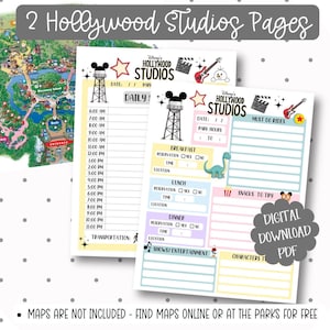 May include: Two Disney's Hollywood Studios daily planner pages. The pages feature a Mickey Mouse water tower, a star, and a film clapper. The pages include sections for park hours, must-do rides, and show times. The text "DIGITAL DOWNLOAD PDF" is also visible.