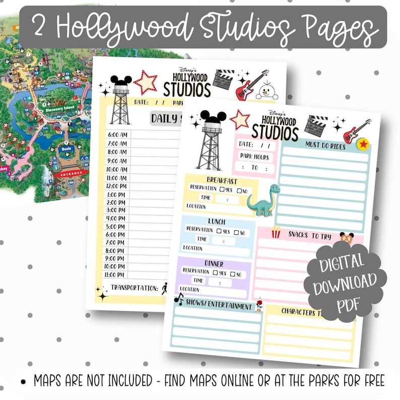 May include: Two Disney's Hollywood Studios daily planner pages. The pages feature a Mickey Mouse water tower, a star, and a film clapper. The pages include sections for park hours, must-do rides, and show times. The text "DIGITAL DOWNLOAD PDF" is also visible.