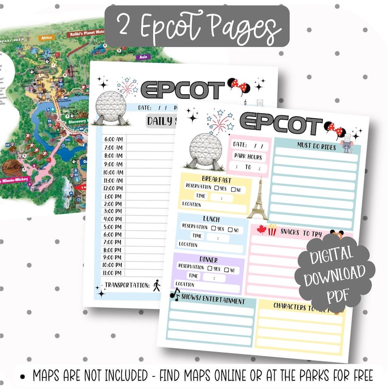 May include: Two Epcot park planning pages with a map and daily schedule. The pages feature the Epcot logo, Spaceship Earth, and Mickey Mouse icons. The pages include sections for must-do rides, breakfast, lunch, dinner, and snacks.