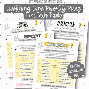 May include: Digital PDF guide with Lightning Lane Priority Picks for various theme parks. The guide lists attractions and tiers, with the text "Last Updated on May 27, 2026". Includes a "Digital Download PDF" graphic.