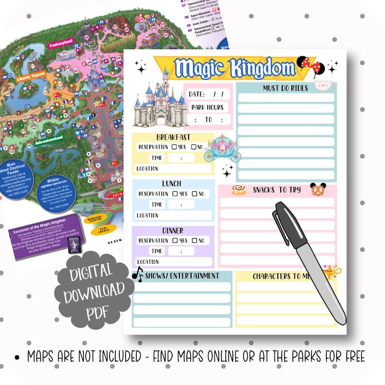 May include: A printable Magic Kingdom itinerary planner with sections for must-do rides, meals, and shows. The planner features a castle illustration, a Cinderella carriage, and a Mickey Mouse icon. A black marker is included.
