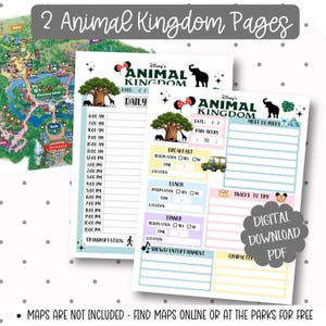 May include: Two printable Disney's Animal Kingdom park planning pages. The pages feature a daily schedule, ride list, and space for meal reservations. The design includes park icons, the Animal Kingdom logo, and the text "Digital Download PDF."