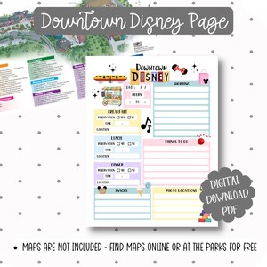 May include: A printable Downtown Disney page with sections for date, hours, shopping, things to do, and photo locations. Includes illustrations of a train, food cart, Mickey Mouse ears, and a shopping bag. The text "Downtown Disney" is at the top.