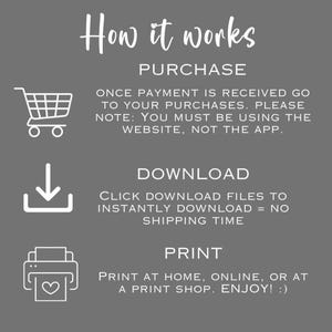 May include: A gray graphic with white text and icons explaining the purchase, download, and print process. The text reads "How it works" and includes instructions for each step, with a shopping cart, download arrow, and printer icons.