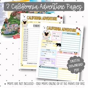 May include: Two California Adventure pages with a daily schedule and must-do rides section. The pages feature a Mickey Mouse-themed design with a Ferris wheel and the text "California Adventure." The pages are labeled "Digital Download PDF."