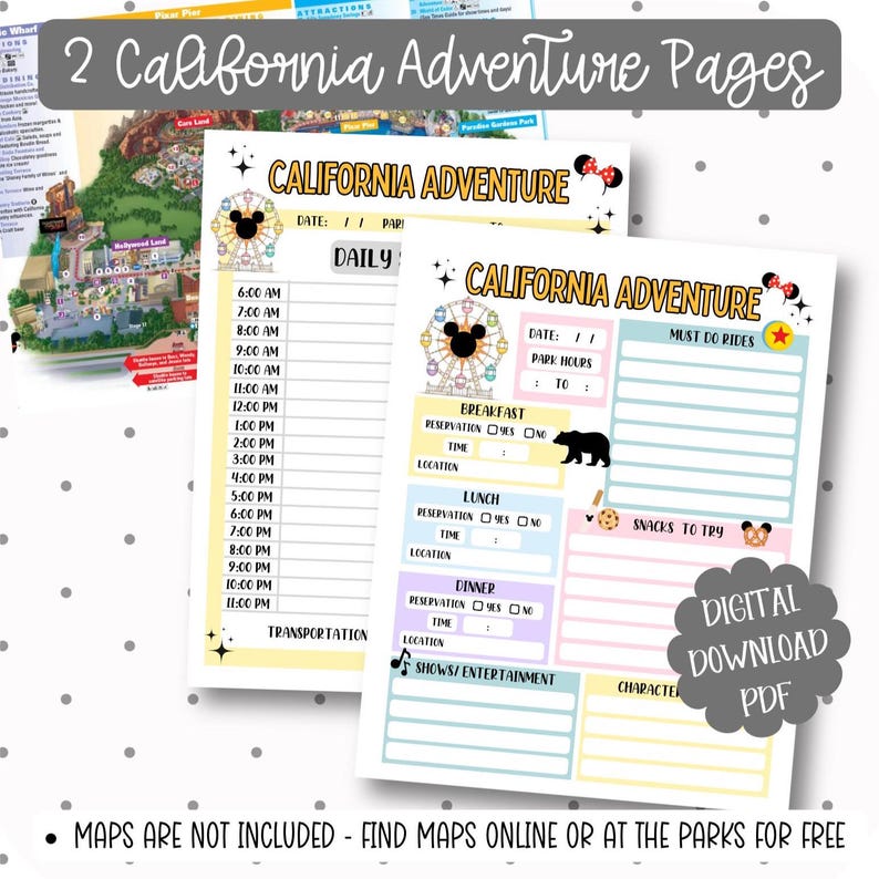 May include: Two California Adventure pages with a daily schedule and must-do rides section. The pages feature a Mickey Mouse-themed design with a Ferris wheel and the text "California Adventure." The pages are labeled "Digital Download PDF."