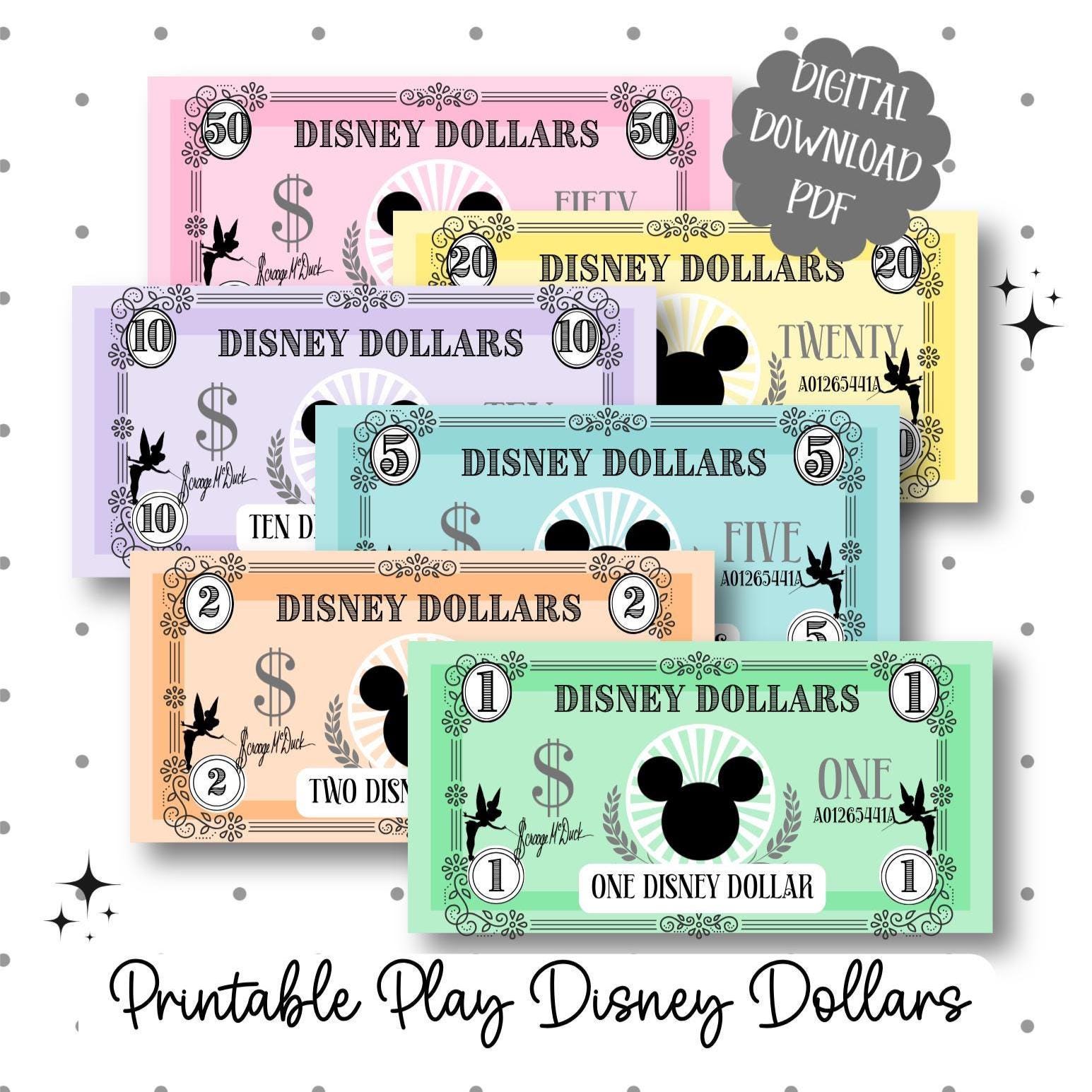 Disney Dollar Printable Play Money for Kids Party Activity for 