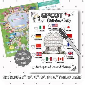 Op de afbeelding: Een digitale PDF-download met een EPCOT Birthday Party-thema. Het ontwerp bevat een kaart, vlaggen die verschillende landen vertegenwoordigen en Spaceship Earth. De tekst bevat "drinking around the world challenge". Bevat ook 21e, 30e, 40e, 50e en 60e verjaardagsontwerpen.