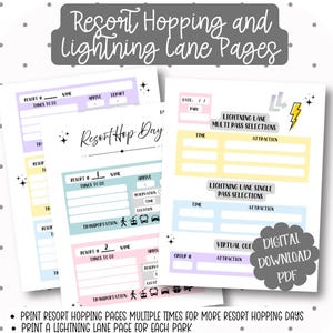 May include: Digital download of printable Resort Hopping and Lightning Lane Pages. The pages have pastel color blocks for filling in details. The text includes "Resort Hop Day", "Lightning Lane", and "Digital Download PDF".