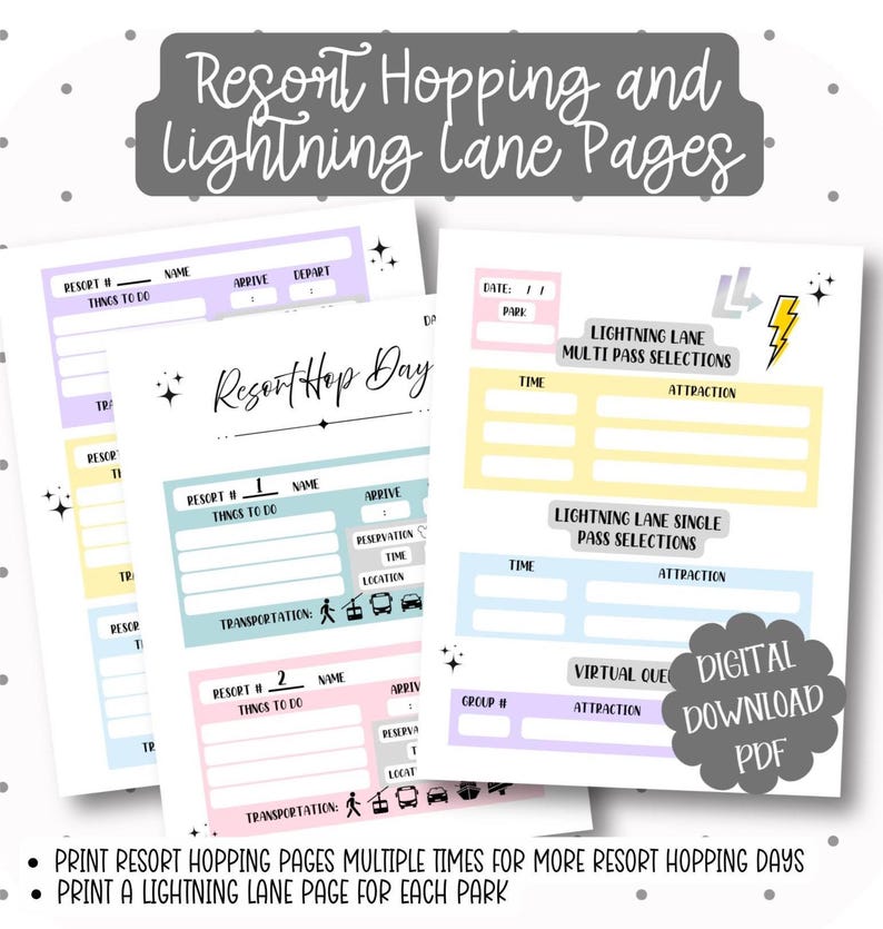 May include: Digital download of printable Resort Hopping and Lightning Lane Pages. The pages have pastel color blocks for filling in details. The text includes "Resort Hop Day", "Lightning Lane", and "Digital Download PDF".