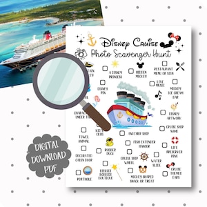 May include: A printable Disney Cruise Photo Scavenger Hunt checklist. The design features a cruise ship illustration, Mickey Mouse ears, and various icons. The words "Digital Download PDF" are also visible.
