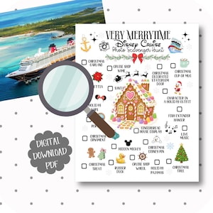 May include: A digital PDF scavenger hunt game sheet titled Very Merrytime Disney Cruise Photo Scavenger Hunt, featuring a central gingerbread house illustration, checkboxes, and various holiday-themed icons like a cruise ship, anchor, and ornaments.
