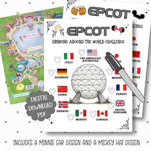 May include: A digital PDF download with an EPCOT Drinking Around the World Challenge design. The design includes flags of various countries, a Spaceship Earth illustration, and the text "EPCOT". Includes a Minnie ear and Mickey hat design.