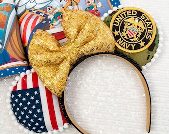 Minnie Military Headband Navy Disney Ear Patriotic Mouse Accessory Park Gear American Theme Decoration Sequin Bow Gold Trim Design USA Style