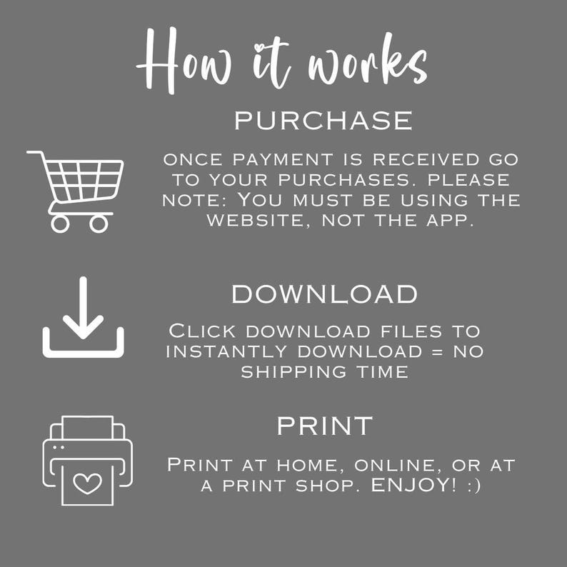 May include: A gray graphic with white text and icons explaining the process of purchasing, downloading, and printing. The text reads "How it works" and includes a shopping cart, a download icon, and a printer icon.