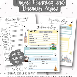 May include: A set of printable travel planning and itinerary pages. The pages include sections for vacation itineraries, departure day, arrival day, flight details, and hotel accommodations. The digital download PDF includes pages for up to 14 days.