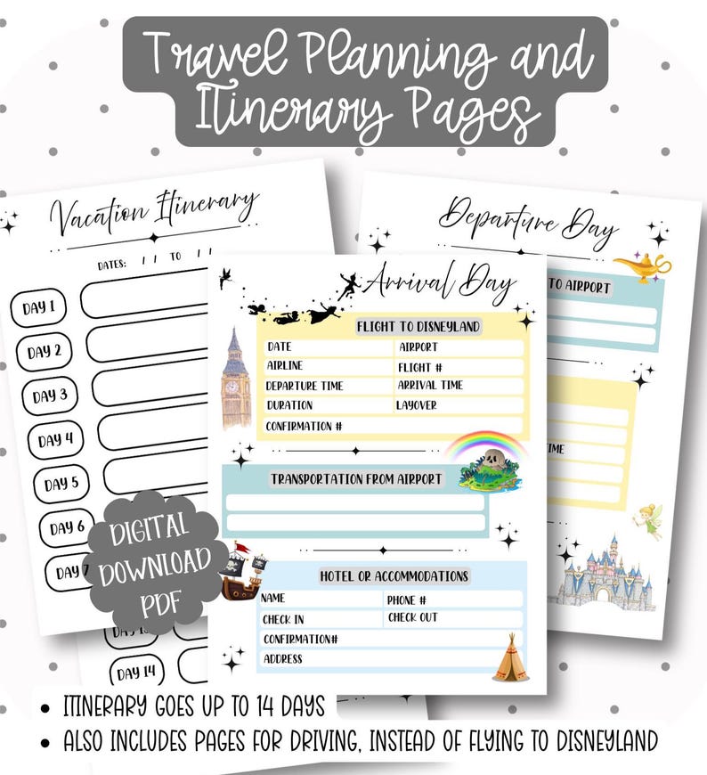 May include: A set of printable travel planning and itinerary pages. The pages include sections for vacation itineraries, departure day, arrival day, flight details, and hotel accommodations. The digital download PDF includes pages for up to 14 days.