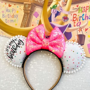 Birthday Mickey Ears: Confetti Fabric & Pink Sequin Bow