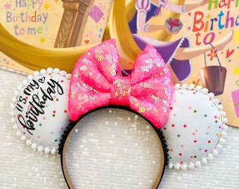 Birthday Mickey Ears: Confetti Fabric & Pink Sequin Bow