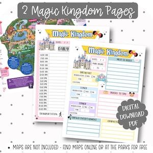 May include: Two Magic Kingdom planning pages with a castle illustration. One page is a daily schedule, the other has sections for park hours, must-do rides, and dining reservations. The text includes "Digital Download PDF".
