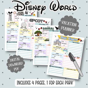 May include: A digital download vacation planner for Disney World, featuring four pages, one for each park: Hollywood Studios, Epcot, Animal Kingdom, and Magic Kingdom. Each page includes sections for breakfast, lunch, dinner, and shows.