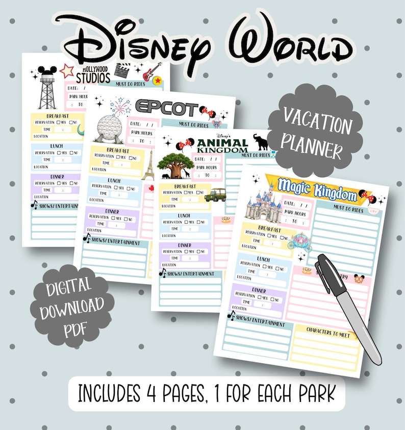May include: A digital download vacation planner for Disney World, featuring four pages, one for each park: Hollywood Studios, Epcot, Animal Kingdom, and Magic Kingdom. Each page includes sections for breakfast, lunch, dinner, and shows.