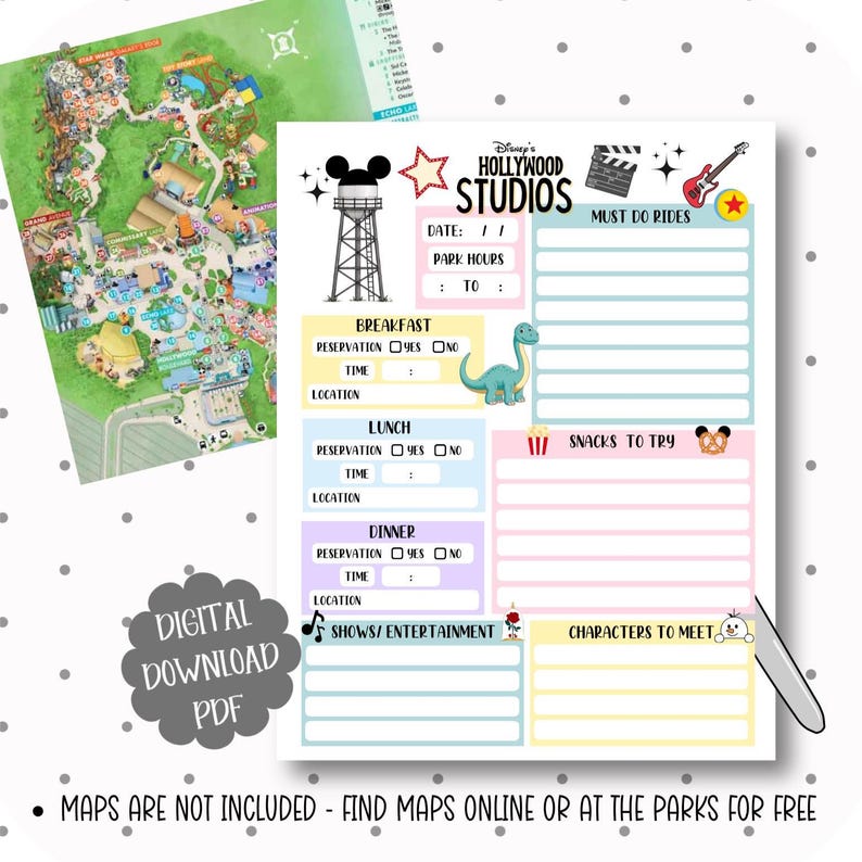 May include: A Disney's Hollywood Studios park planning sheet with sections for rides, dining, and shows. The sheet includes a map, a Mickey Mouse water tower graphic, and the text "Digital Download PDF."